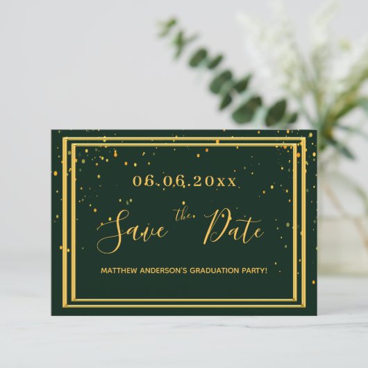 Graduation party emerald green gold save the date (Staand voorkant)