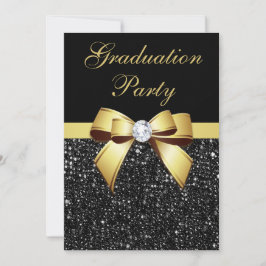 Graduation Party Faux Sequins Bow Black Gold Kaart