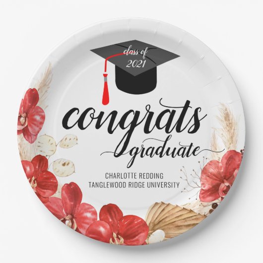 Graduation Party Floral Blush Pink Red Papieren Bordje (Voorkant)