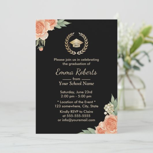Graduation Party Floral Modern Black Gold Kaart (Staand voorkant)