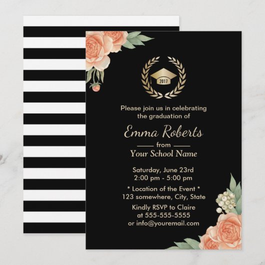 Graduation Party Floral Modern Black Gold Kaart (Voorkant / Achterkant)