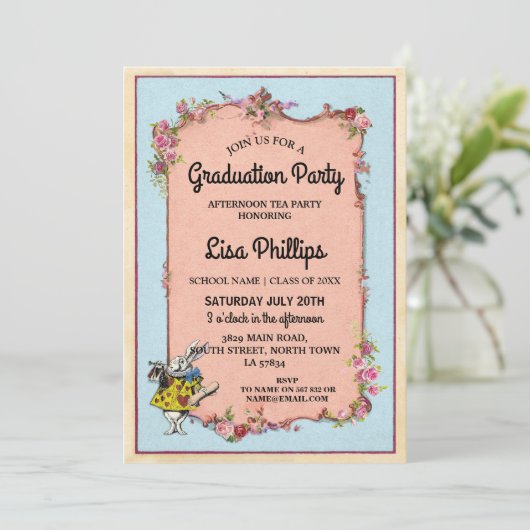 Graduation Party Flower Wonderland Rabbit Invite Kaart (Staand voorkant)