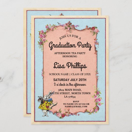 Graduation Party Flower Wonderland Rabbit Invite Kaart (Voorkant / Achterkant)
