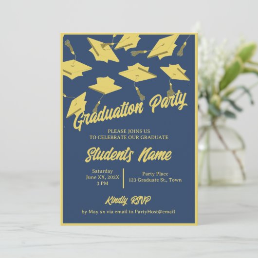 Graduation Party Foto Blauwe en Gouden Mortarboard Kaart (Staand voorkant)