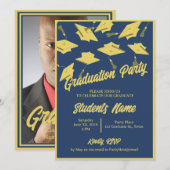 Graduation Party Foto Blauwe en Gouden Mortarboard Kaart (Voorkant / Achterkant)