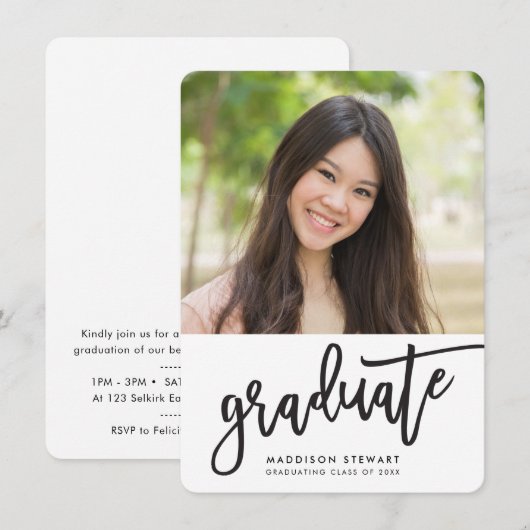 GRADUATION PARTY foto eenvoudige kalligrafie zwart Bedankkaart (Voorkant / Achterkant)
