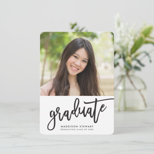 GRADUATION PARTY foto eenvoudige kalligrafie zwart Bedankkaart (Staand voorkant)