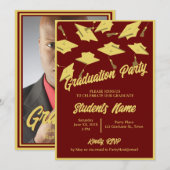 Graduation Party Foto Maroon en Gouden Mortarboard Kaart (Voorkant / Achterkant)
