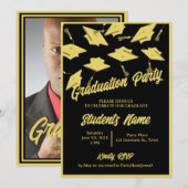Graduation Party Foto Zwart en Goud Mortarboard Kaart (Voorkant / Achterkant)