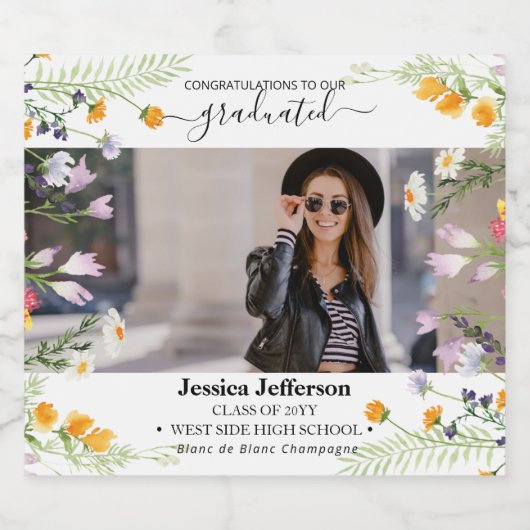 Graduation Party Gefeliciteerd Bloemen Mousserende Sparkling Wijnetiket (Enkel label)