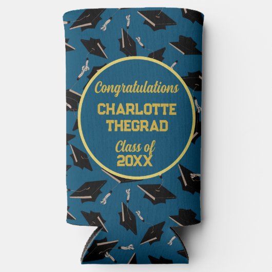 Graduation Party Gefeliciteerd Blue en Gold Seltzer Blikjeskoeler (Voorkant)