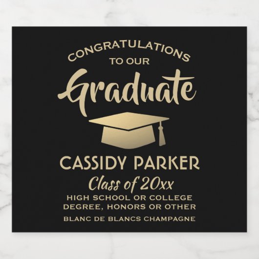 Graduation Party - Gefeliciteerd Elegant Black en  Sparkling Wijnetiket (Enkel label)