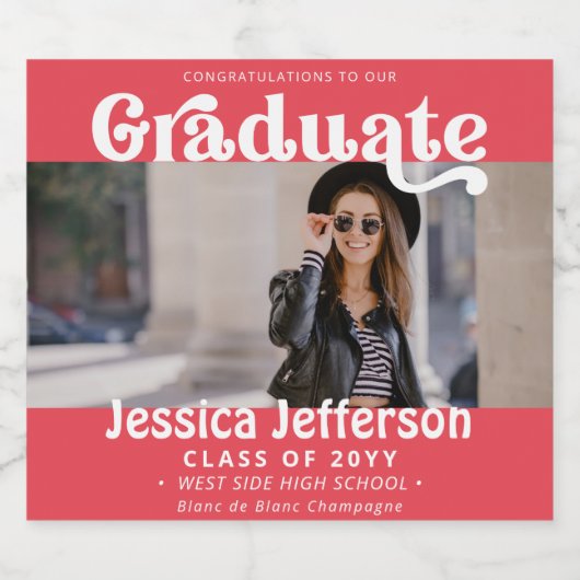 Graduation Party Gefeliciteerd foto Fancy Roze Sparkling Wijnetiket (Enkel label)