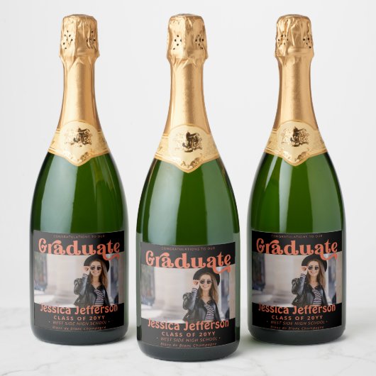 Graduation Party Gefeliciteerd foto Sinaasappel Sparkling Wijnetiket (Flessen)