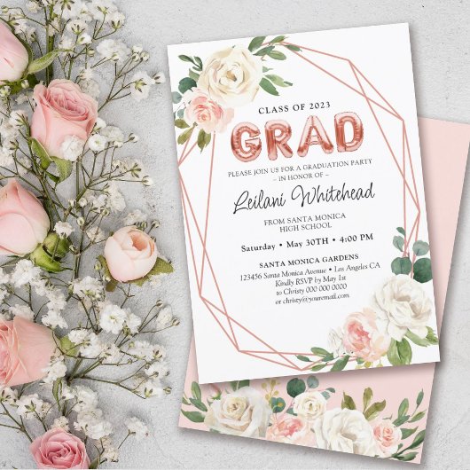 Graduation Party Girly Blush Pink Floral Kaart
