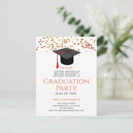 Graduation Party Glitter Confetti Afstudeerder Pet Uitnodiging Briefkaart (Staand voorkant)