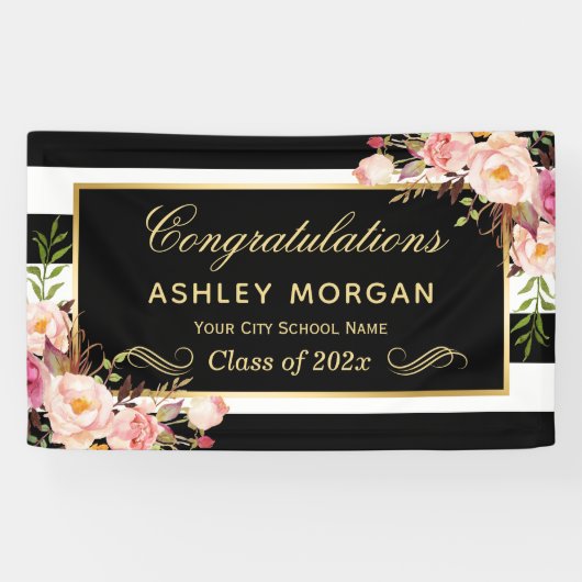 Graduation Party Gold Black White Floral Decor Spandoek (Horizontaal)