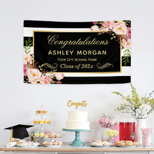 Graduation Party Gold Black White Floral Decor Spandoek