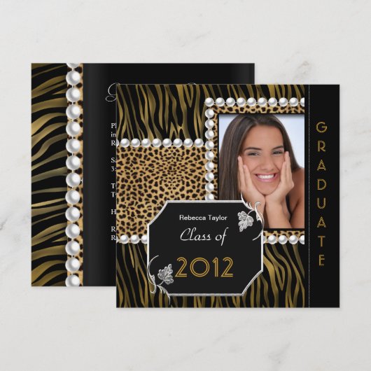 Graduation Party Gold Black White Leopard Zebra Kaart (Voorkant / Achterkant)