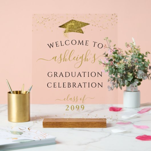 Graduation Party Gold Glitter Welkom Acryl Bord (Huwelijk)