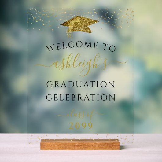 Graduation Party Gold Glitter Welkom Acryl Bord (Neutraal)