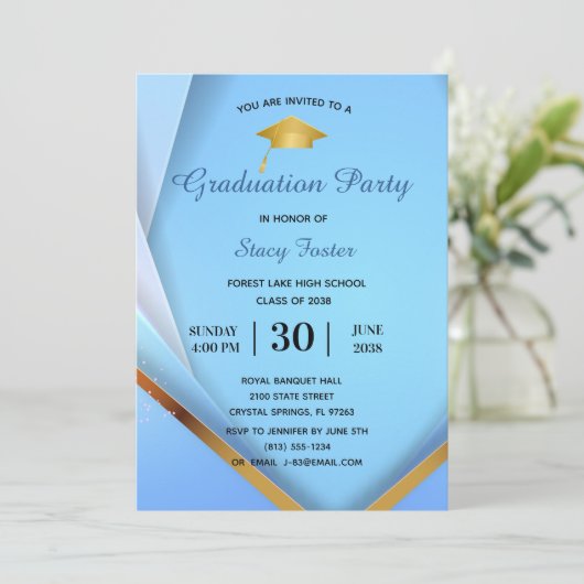 Graduation Party Gold op Blue Layers Formal Kaart (Staand voorkant)