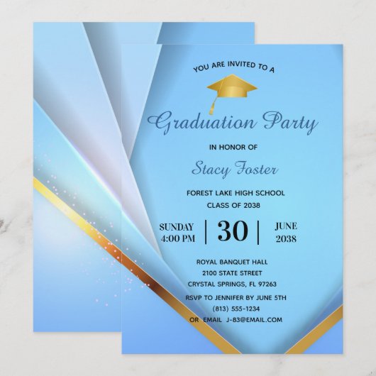 Graduation Party Gold op Blue Layers Formal Kaart (Voorkant / Achterkant)
