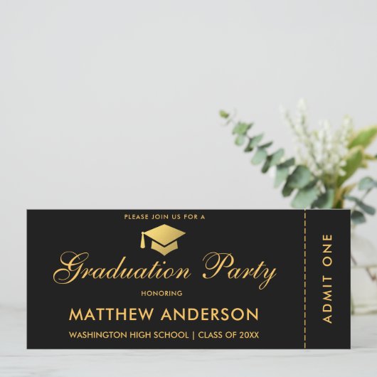 Graduation Party Gold Ticket Glitter Invitation Kaart (Staand voorkant)