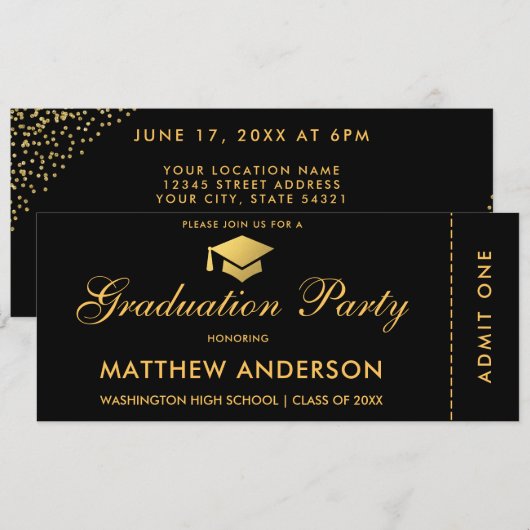 Graduation Party Gold Ticket Glitter Invitation Kaart (Voorkant / Achterkant)