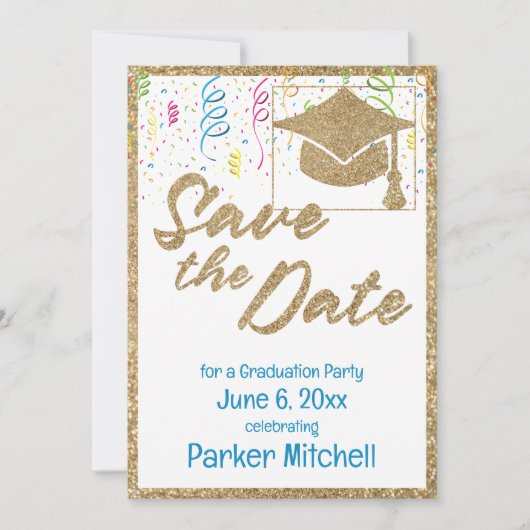 Graduation Party Gouden Glitter Save the Date Kaart (Voorkant)