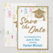 Graduation Party Gouden Glitter Save the Date Kaart (Voorkant / Achterkant)