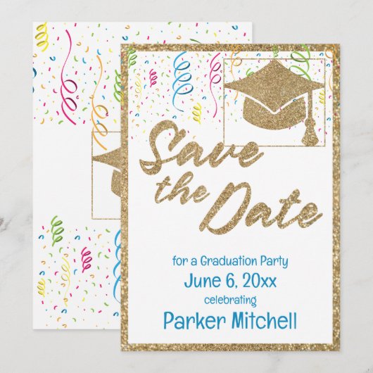 Graduation Party Gouden Glitter Save the Date Kaart (Voorkant / Achterkant)