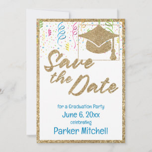 Graduation Party Gouden Glitter Save the Date Kaart