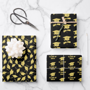 Graduation Party Gouden Petten op Zwarte Gift Wrap Inpakpapier Vel