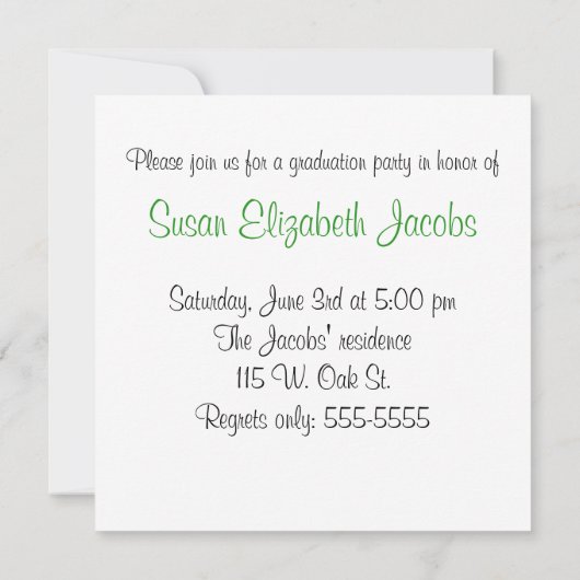 Graduation Party - Green & White Invite Kaart (Achterkant)