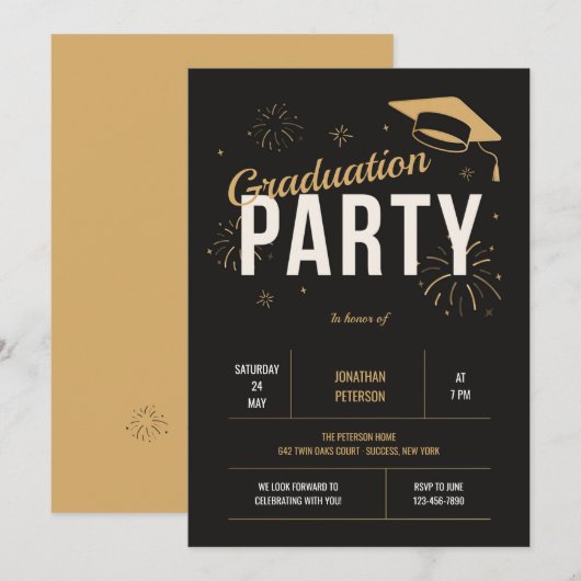 Graduation Party in Gold en Black Kaart (Voorkant / Achterkant)