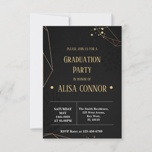 Graduation Party Invintation Black and Gold RSVP Kaartje (Voorkant)