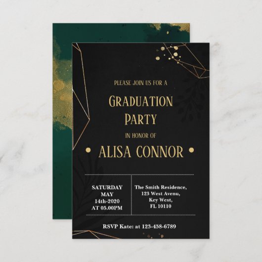 Graduation Party Invintation Black and Gold RSVP Kaartje (Voorkant / Achterkant)