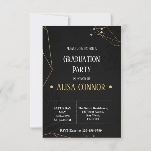 Graduation Party Invintation Black Gold Roos RSVP Kaartje (Voorkant)