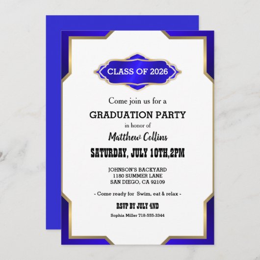 Graduation Party Invitation blue Retro Inspired  Kaart (Voorkant / Achterkant)