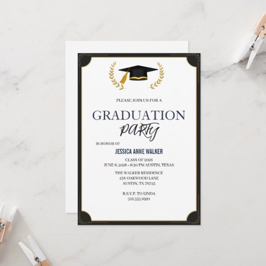 Graduation Party Invitation Elegant Blue Editable  Kaart (Voorkant / Achterkant in situ)