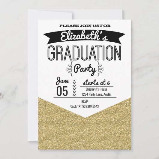 Graduation Party Invitation Gold Glitter en Black Kaart (Voorkant)