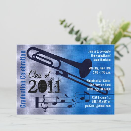 Graduation Party Invitation Music Trombone 1 Kaart (Staand voorkant)