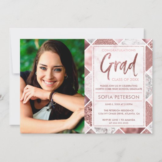 Graduation Party Invitation, Roos Gold Kaart (Voorkant)