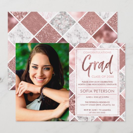 Graduation Party Invitation, Roos Gold Kaart (Voorkant / Achterkant)