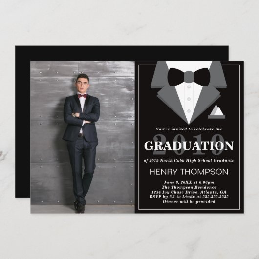Graduation Party Invitation, Tuxedo Kaart (Voorkant / Achterkant)