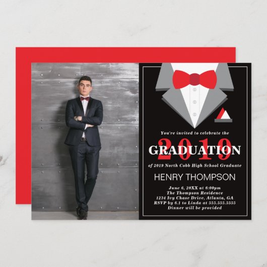 Graduation Party Invitation, Tuxedo Kaart (Voorkant / Achterkant)