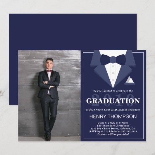 Graduation Party Invitation, Tuxedo Kaart (Voorkant / Achterkant)