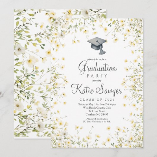Graduation Party Invitation, Wildflower Afstuderen Kaart (Voorkant / Achterkant)