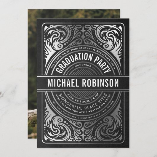 Graduation Party Invitations Silver Foil Foto Kaart (Voorkant / Achterkant)